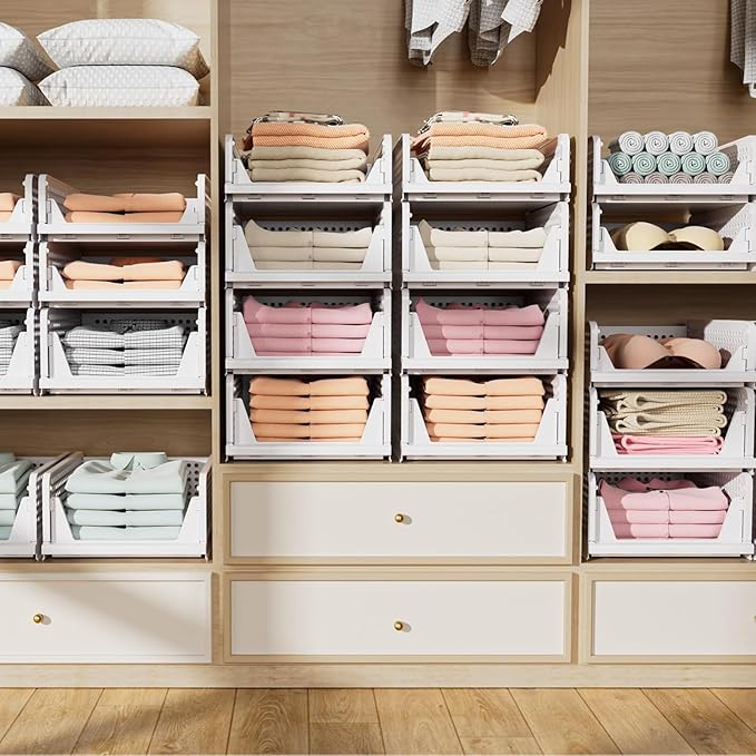 5 Pack Folding Closet Organizers Storage Box, Stackable Storage Bins, Plastic Drawer Basket Closet Storage for Wardrobe Cupboard Kitchen Bathroom Office 5L (White)