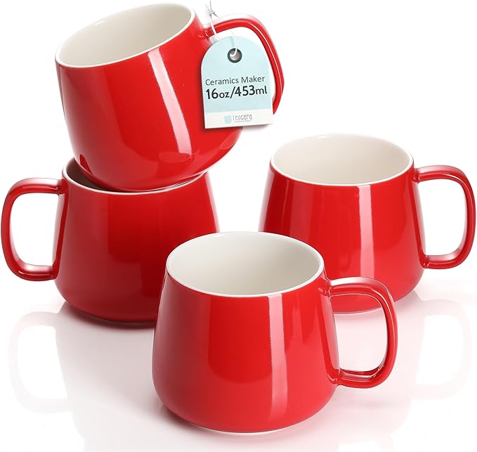 Teocera 16oz Ceramic Coffee Mugs Set of 4 – Stackable Latte Cups, Microwave, Dishwasher & Oven Safe – Ideal for Coffee, Cappuccino, Hot Chocolate, Housewarming Gifts, Red