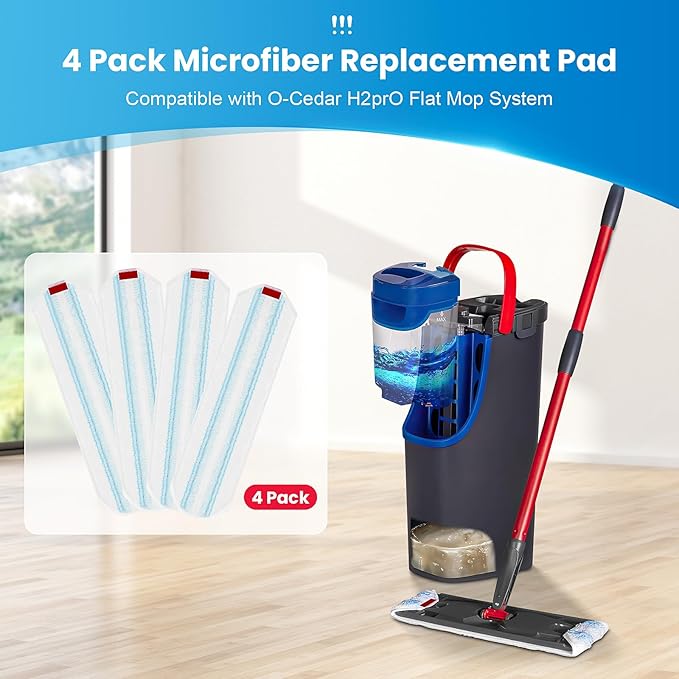 4 Pack Microfiber Mop Pad for O-Cedar H2prO Flat Mop System, Reusable Mop Head Replacements, Machine Washable (White*4P)