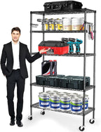 YNN Storage Shelves,1750Lbs 5 Tier Heavy Duty Metal Rolling Shelving Unit with Wheels & 8 Hooks, Adjustable Garage Wire Rack for Kitchen, Bathroom,Industrial,Pantry(36" W x 14" D x 72" H,Black)