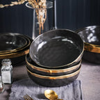 Stone Lain Florian 4-Piece Round Pasta Bowl Set, Black with Gold Rim