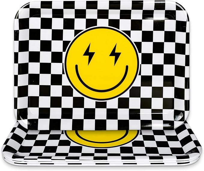 3Pcs One Happy Dude Serving Trays Reusable Smile Face Platter Black White Checkered Serving Dishes for First Birthday Party Sharing Snacks Fruit Dessert Candy, 13 x 10in