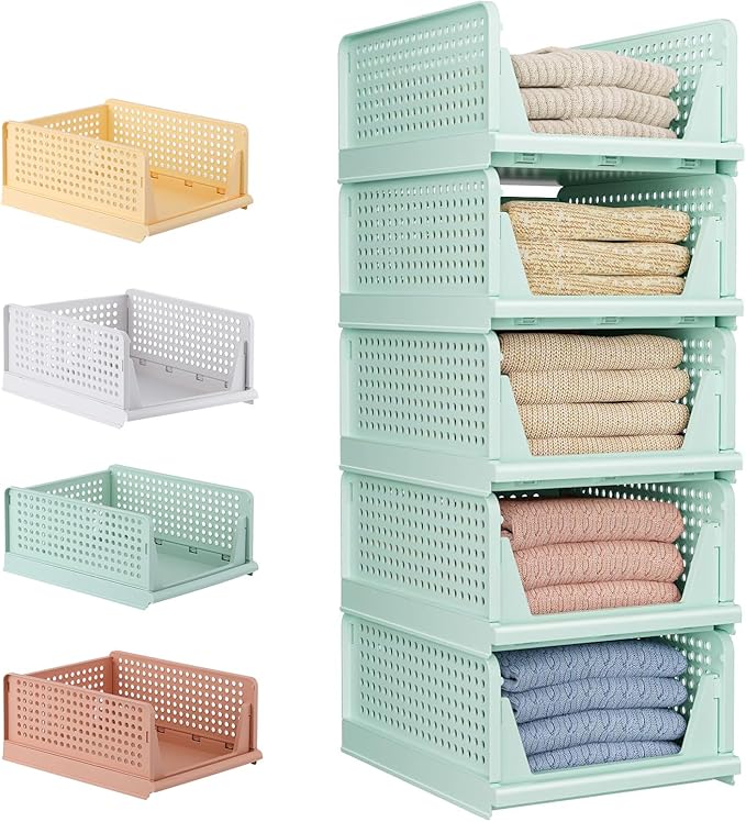 5 Pack Folding Closet Organizers Storage Box, Stackable Storage Bins, Plastic Drawer Basket Closet Storage for Wardrobe Cupboard Kitchen Bathroom Office 5L (Green)
