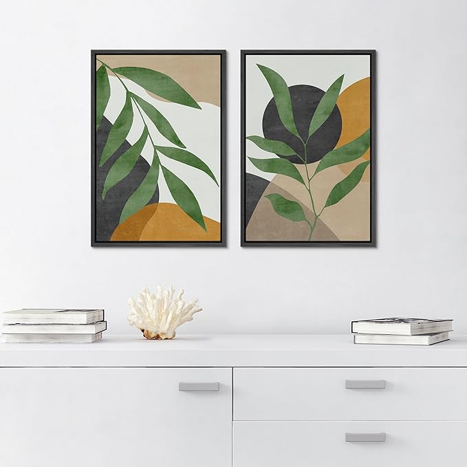 SIGNFORD Framed Canvas Print Wall Art Set Geometric Mid-Century Plant Collage Abstract Shapes Illustration Modern Art Decorative Nordic Nature for Living Room, Bedroom, Office - 24"x36"x2 Black