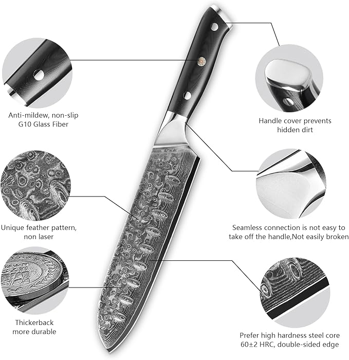 7 inch Santoku Knife, Professional Japanese VG10 Steel Damascus Knife-G10 Handle for cutting Meat,Fish,Fruit, Vegetable
