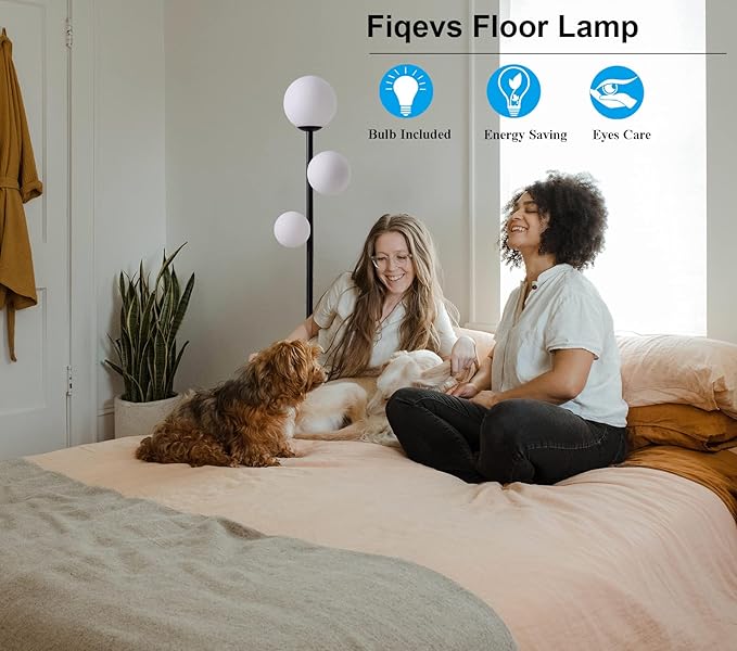 Fiqevs 3 Globe Mid Century Modern Floor Lamp, 3 x 800LM LED Bulbs Included, Matt Black Standing Lamp with Sphere Frosted Glass Shade, Vintage Retro Tall Pole Lamp for Living Room, Bedroom Office