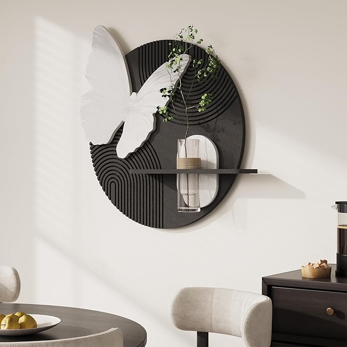 3D Textured Black and White Abstract Wall Art with Vase, White Butterfly Wall Decor, Modern Painting Artwork, Minimalist Wall Decor for Living Room Hallway Dining Room Bedroom Office, 25.6x24 In