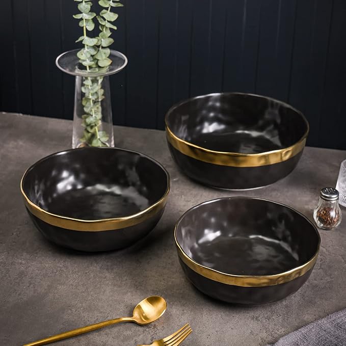 Stone Lain Florian Porcelain 3-Piece Round Bowl Service Set, Black with Gold Rim