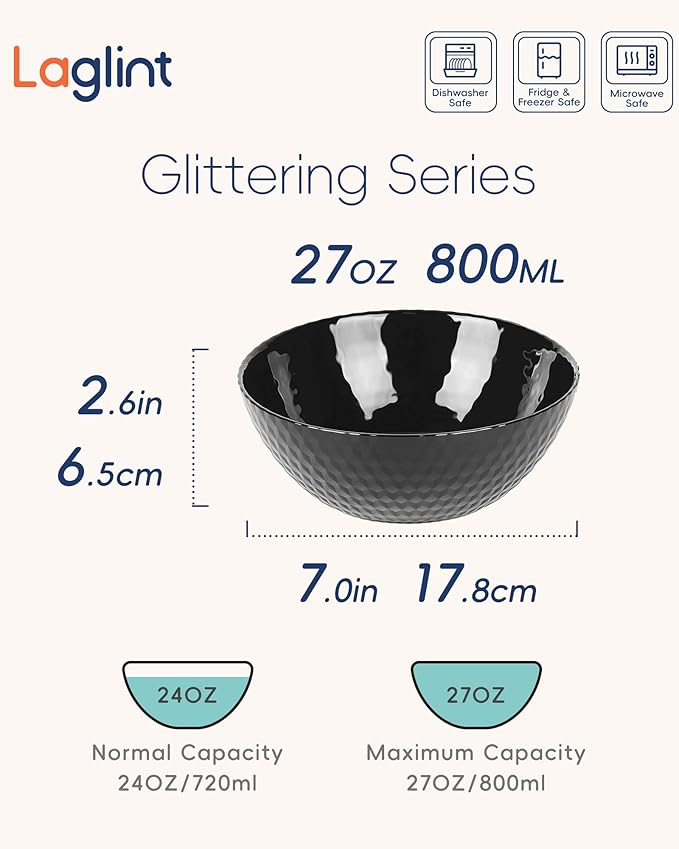 27 OZ Max Cereal Soup Bowl Set of 6, Thin Light & Durable Opal Glass 7.2 inch Black Geometric Faceted Bowls for Ramen, Noodle, Salad, Fruit, Dishwasher and Microwave Safe