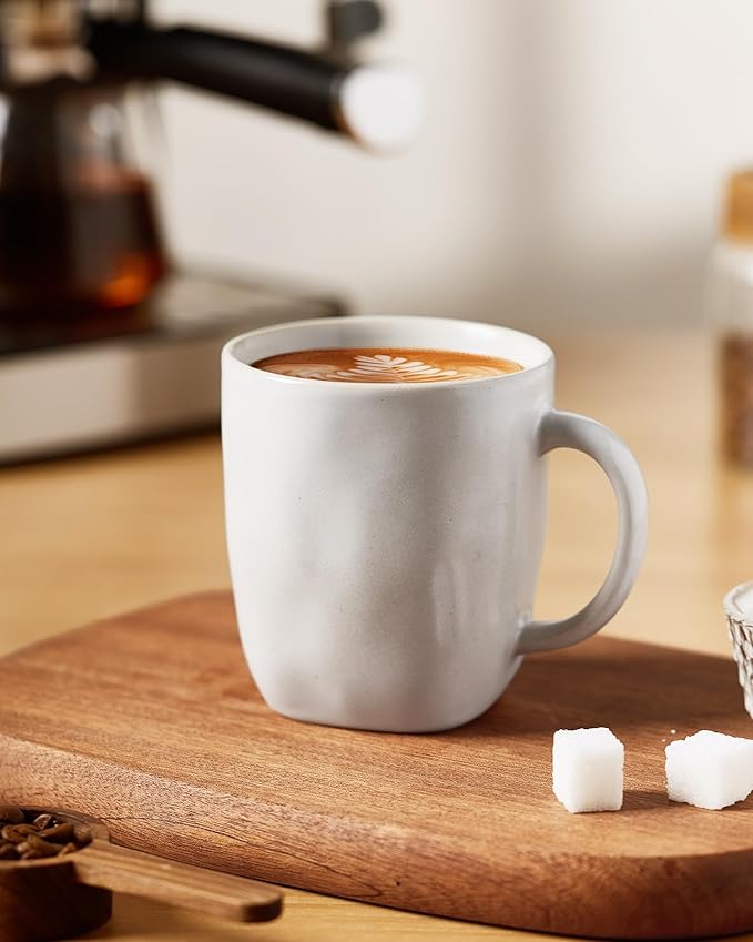 famiware Coffee Mugs Set of 4, Ocean Square 13oz Coffee Cup Set with Handle for Cocoa, Milk, Hot Chocolate, Tea, Water, Stoneware Cups for Kitchen, Microwave and Dishwasher Safe, Matte White