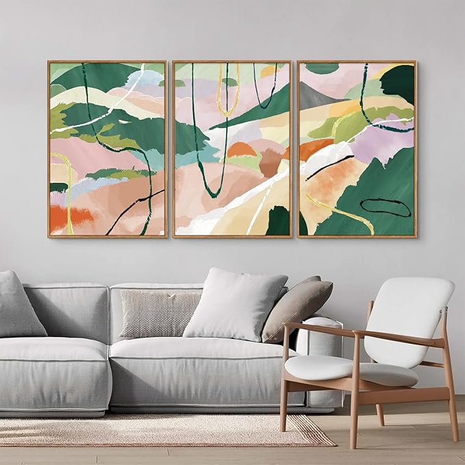 Tinonedraw Colorful Abstract Framed Canvas Wall Art Set, 3 Panel Green Pink Girly Oils Inks Artwork, Three Pieces Neutral Modern Minimalist Wall Decor for Living Room Bedroom Office 24"x36"x3