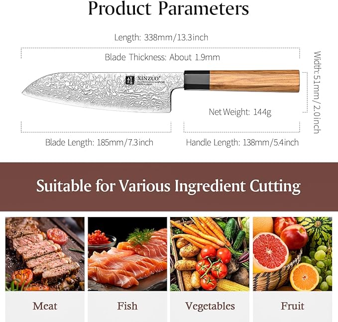 XINZUO 7.3 Inch Santoku Knife, Hand Forged 67 Layers Damascus Super Steel Chef Knife, Japanese Chopping Knife Ultra Sharp, Professional Kitchen Knife with Olive Wood Octagonal Handle