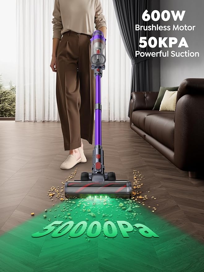 Cordless Vacuum Cleaner, 600W 50KPA 65 Mins Runtime Vacuum Cleaners for Home, Stick Vacuum with Self-Standing, Wall Mount Charging and Intelligent Auto Mode, Handheld Vacuum for Pet Hair/Carpet/Floor