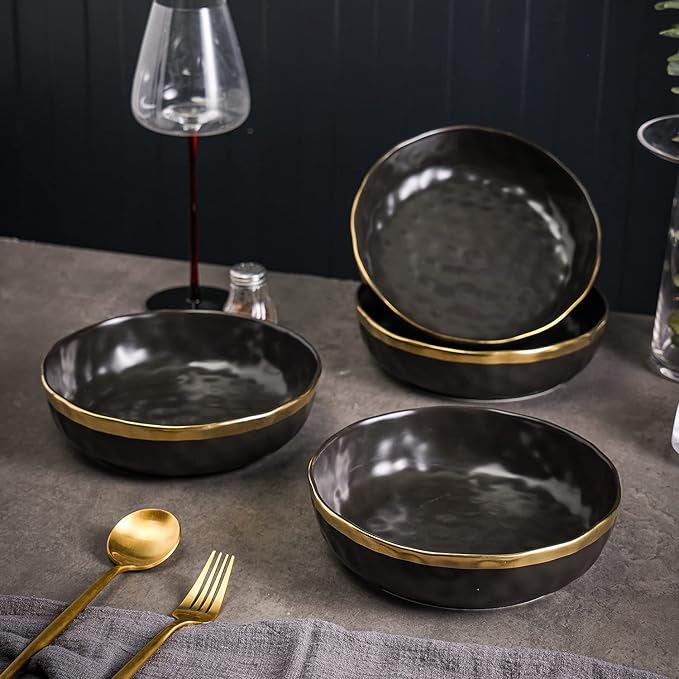 Stone Lain Florian 4-Piece Round Pasta Bowl Set, Black with Gold Rim