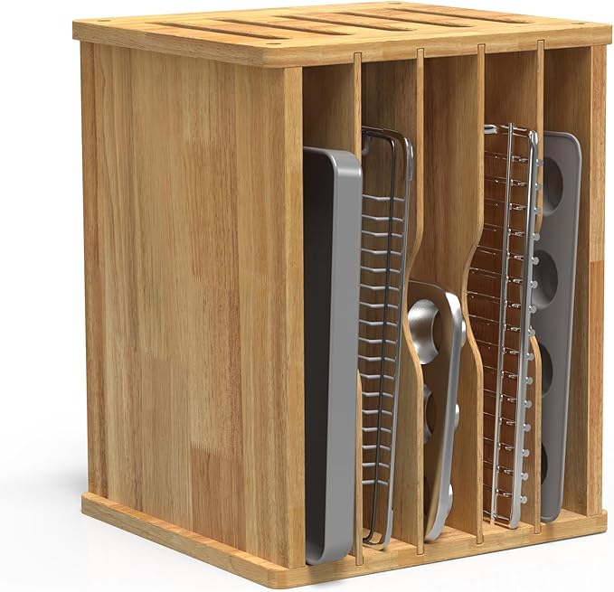 6 Tier Rubber Wood Tray Dividers for Cabinets, Heavy Weight Kitchen Vertical Tray Divider Organizer, Storing pans, Baking trays, Cutting Board(16.73" W x 14.13" H x 12.4" D)