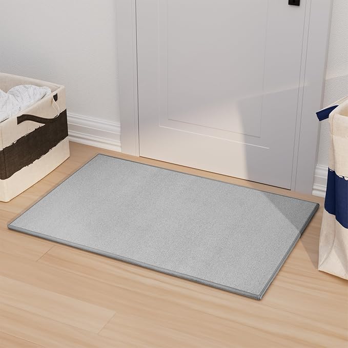 Door mat with Non Slip Rubber Backing, Washable Soft Floor Carpet for Kitchen, Hallway, Entryway Indoor, Bedroom, Laundry, Low Pile Area Rugs, Solid Color with Pointillism Style, 2 * 3 ft Grey