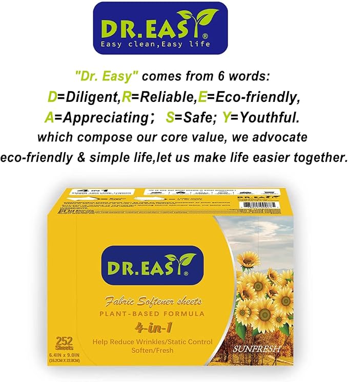 DR.EASY Dryer Sheets Plant Based Formula 252 Ct Fabric Softener sheets for Laundry Sunfresh Essential Oil Scented No Artificial Fragrances No Dyes Reduce Static & Wrinkles Help Repel Pet Hair