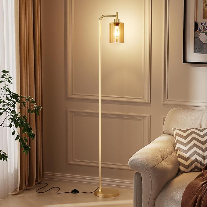 Floor Lamps for Living Room - Gold Standing Lamp with Amber Glass Shade, Modern Floor Lamp with LED Bulbs, Bright Industrial Floor Lamp for Bedroom, Farmhouse Tall Lamp for Office