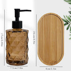 Glass Hand and Dish Soap Dispenser Set of 2 with Plastic Pumps, Bamboo Tray, 12oz Brown Bathroom Soap Dispenser with Diamond for Hand Wash & Dish Wash, Ideal for Bathroom Kitchen Countertop
