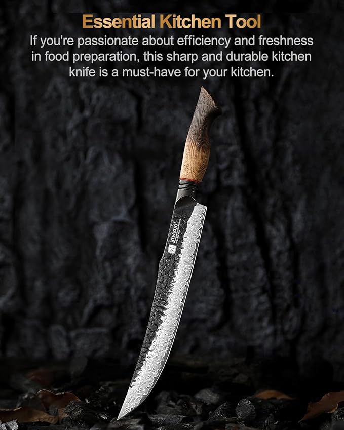 XINZUO 10 Inch Brisket Carving Knife，67-Layer Damascus Steel，Razor Sharp Curved Butcher Breaking Knives For Meat Cutting With White Oak + Red G10 Gasket Handle