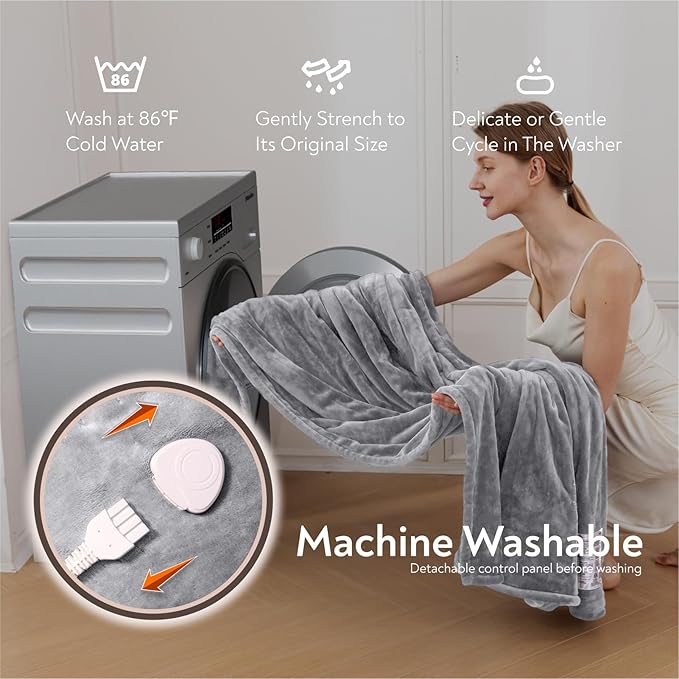 Wapaneus Foot Pocket Heated Blanket Electric Throw with 10 Heating Levels and 4 Timer Settings 4 Hours Auto Shut Off, Flannel Fast-Heating Heated Throw 50" x 60", Machine Washable,Light Grey