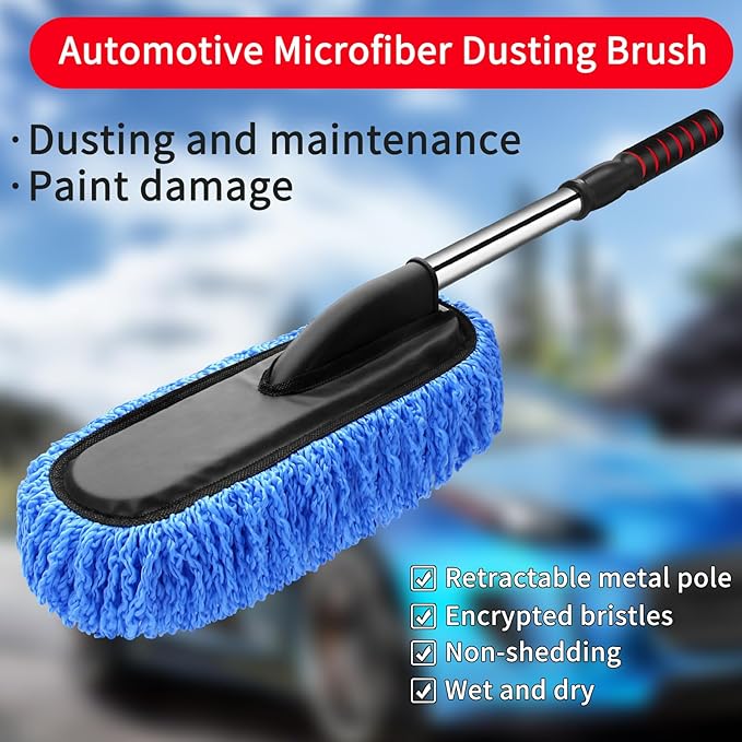 Expandable Car Exterior Duster for Cleaning, Microfiber Interior Scratch-Free Dust Cleaning Brush, Washable RV Cleaning Tool, Essential Car Wash Brush for Car Cleaning Kits. Blue 31 in.