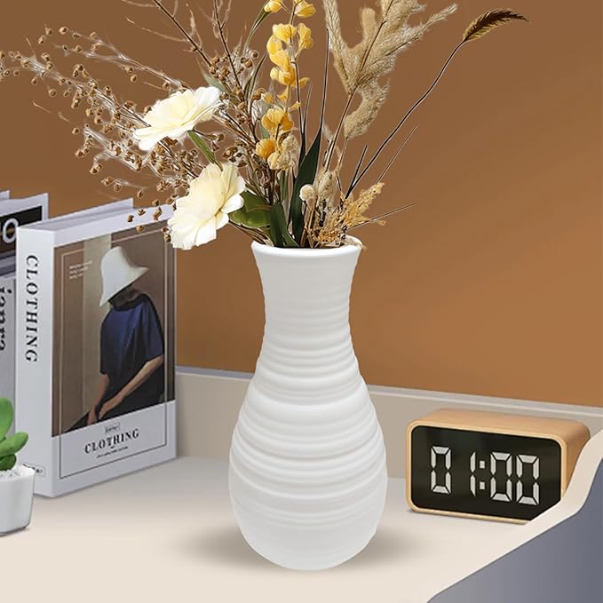 Small White Plastic Flower Vase - Dired/Fake Flower Decorative Modern Floral Vase, Ceramic Look Unbreakable Plastic Vase Minimalism Style for Table Shelf Home Decor Flower Vase Centerpieces