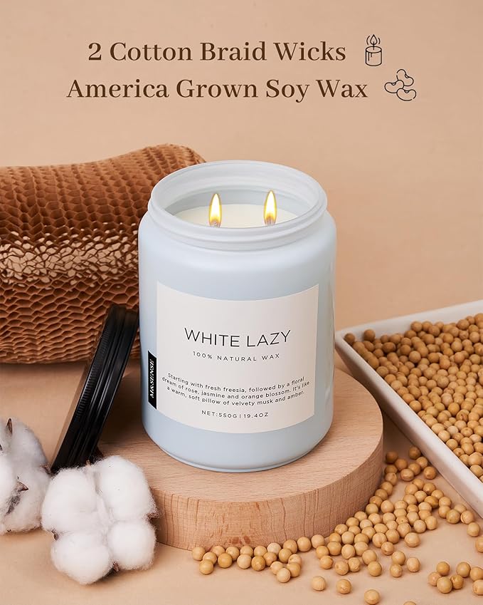 M&SENSE Spring Scented Candle, Jasmine Clean Cotton Soy Wax Large 19.4oz 110 Hour Long Lasting Burning Non Toxic Organic Natural 2 Wick Relaxing Jar Candle for Women