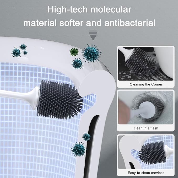 Lefree Silicone Toilet Brush and Holder,Bathroom Cleaner Brush Set,Non-Slip Handle Toilet Bowl Brush with TPR Soft Bristle,Wall Mounted/Floor Standing