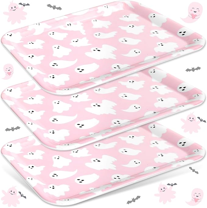 3Pcs Halloween Serving Trays Pink Ghost Platter Cute Ghost Reusable Serving Dishes for Birthday Baby Shower Party Sharing Snacks Fruit Dessert, 13 x 10 Inch
