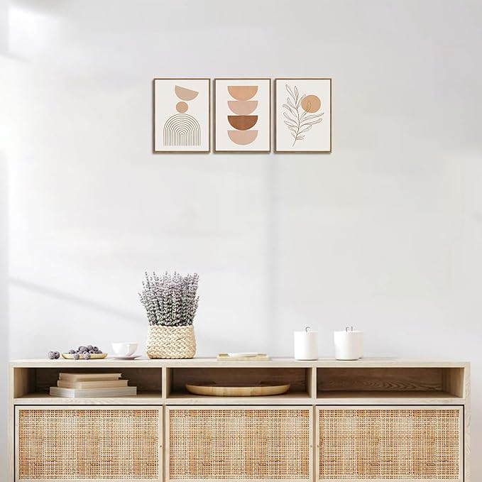 Bwodke Framed Boho Canvas Wall Art Mid Century Modern Prints Set of 3 Neutral Geometric Line Leaf Paintings Decor Minimalist Abstract Pictures Bedroom Living Room Bathroom