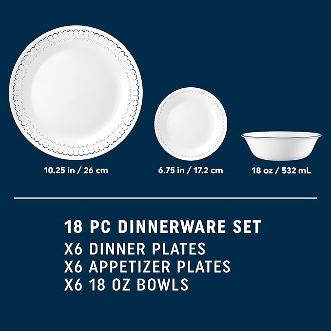Corelle 18-Piece Dinnerware Set Service for 6, Lightweight Round Plates and Bowls Set, Vitrelle Triple Layer Glass, Chip Resistant, Microwave and Dishwasher Safe, Caspian