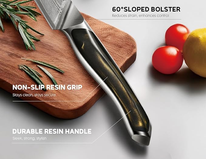 Damascus Knife Set 3 PCS: Ultra-Sharp Professional Chef Knife Set, Japanese Kitchen Knives with VG10 Steel Core, Full Tang Resin Handle, Elegant Box