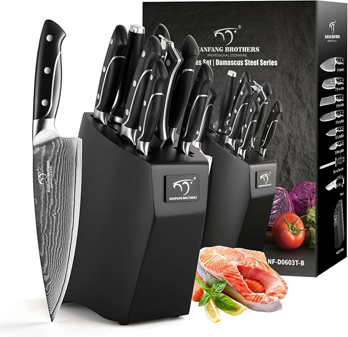 Damascus Kitchen Knife Sets, 9 Pieces Kitchen Knives Set with Block, ABS Ergonomic Handle for Chef Knife Set, Knife Sharpener and Kitchen Shears, Knife Block Set NF-D0603T-B