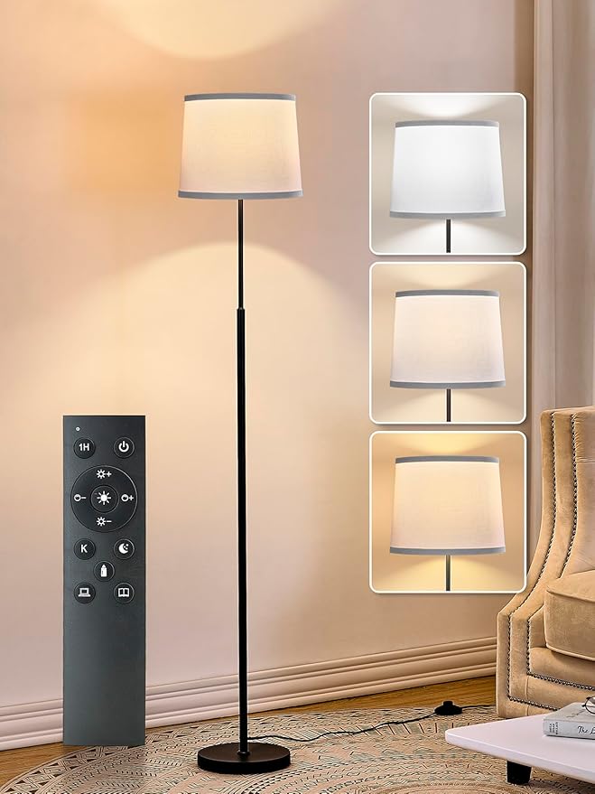 60" Modern Floor Lamp for Living Room Bedroom, Standing Lamp with White Linen Lampshade, Remote and Foot Switch, Tall Lamp with A19 9W 3000K-6000K Color Temperature 10%-100% Brightness Dimmable Bulb