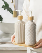 Getstar Hand and Dish Soap Dispenser Set, Ceramic Soap Dispenser for Bathroom and Kitchen with Rust Proof Pump and Tray, Set of 2 (White Pump)