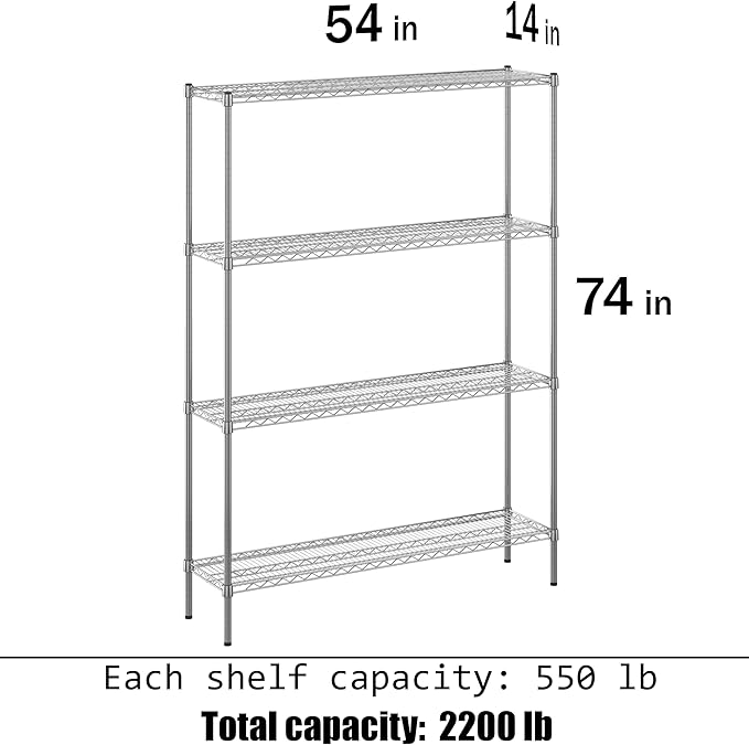 14" Deep x 54" Wide x 74" Height Wire Shelving Kit | 4-Tier | NSF Commercial Storage Rack Unit