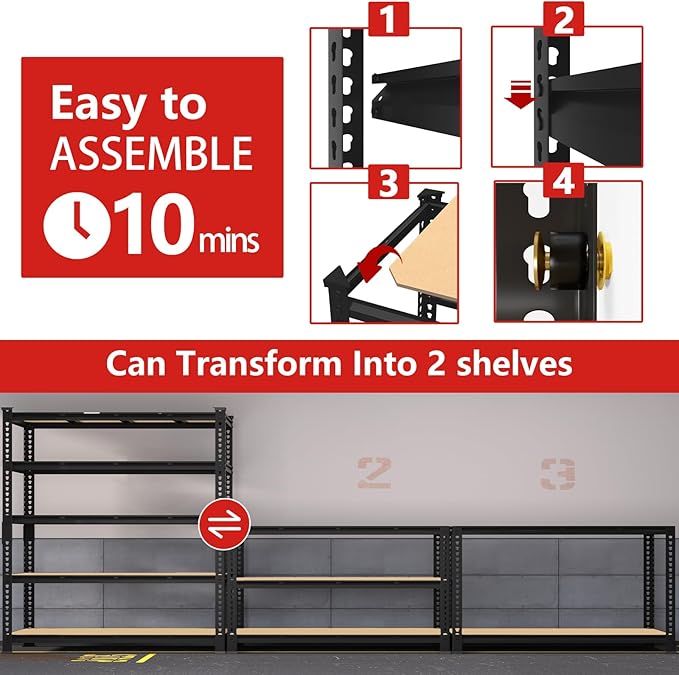 PrimeZone 60" W X 24" D X 72" H Heavy Duty Garage Storage Shelves - Adjustable Metal Shelving Unit, 5 Tier Industrial Shelves for Storage Standing Utility Rack for Warehouse, Basement, Black, 4 Pack