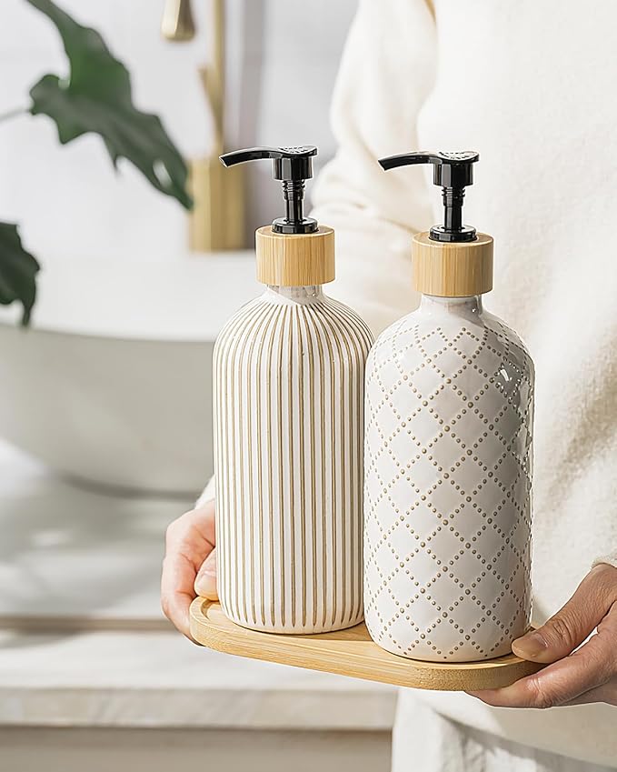 Getstar Hand and Dish Soap Dispenser Set, Ceramic Soap Dispenser for Bathroom and Kitchen with Rust Proof Pump and Tray, Set of 2 (Black Pump)