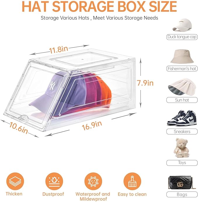 2 Pack Hat Organizer for Baseball Caps,Large Clear Cap Organizer with Drawer,Hats Holder Box for Closet with Sliding Tray,Stackable Hat Rack Display Case,Multi-use Hat Case for Caps,Each Holds 12 Hats