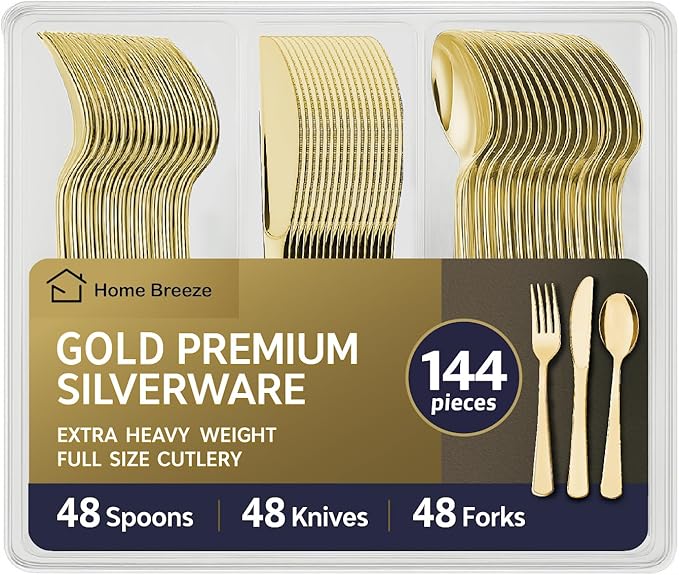 144 Pack Gold Premium Plastic Cutlery Disposable Silverware Set - 48 Forks, 48 Knives, 48 Spoons - For Catering, Parties, Dinners, Weddings, and Everyday Use, Plastic box packaging