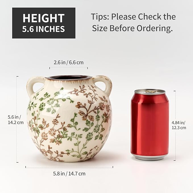 Green and Beige Antique Vase, 5.6 Inch Vintage Chinoiserie Floral Vase, Rustic Ceramic Vase for Home Decor, Living Room, Bookshelf, Office, Entryway, Garden, Chinoiserie Decor, Tuscan Decor