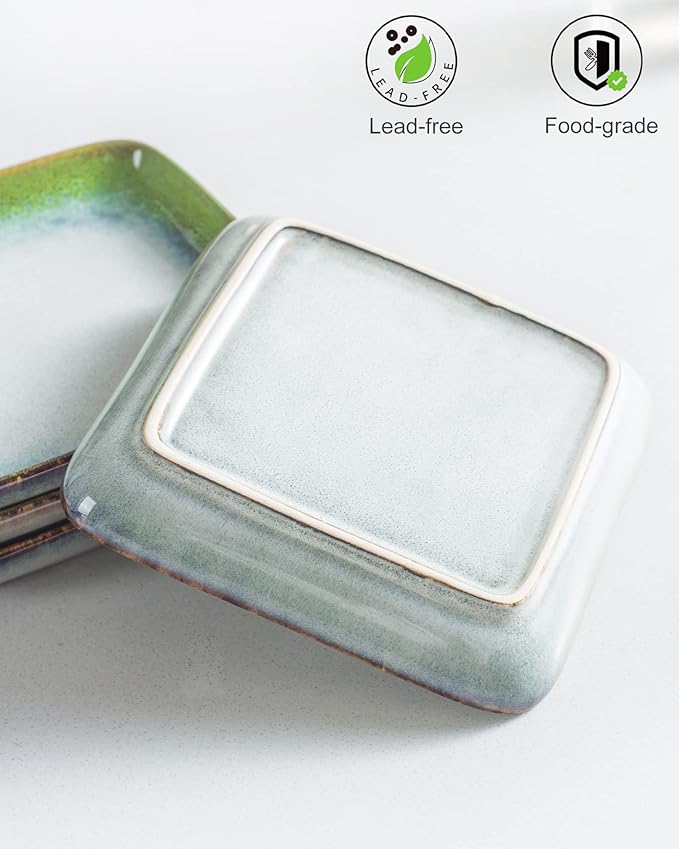 HENXFEN LEAD Small Ceramic Plates 6.3 Inch - Dessert, Appetizer, Snack Plate Set of 4 Scratch Resistant, Porcelain Serving Side Dish Microwave & Oven, Dishwasher Safe - Reactive Green