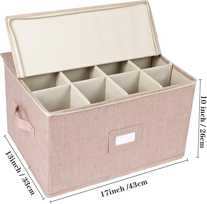 popoly Wine Glass Storage Box 2 Pack, Stemware Storage Containers Cases with Dividers, Stackable Moving Supplies for 12 Wine Glasses, Drinkware, Glassware or Crystal (Beige)