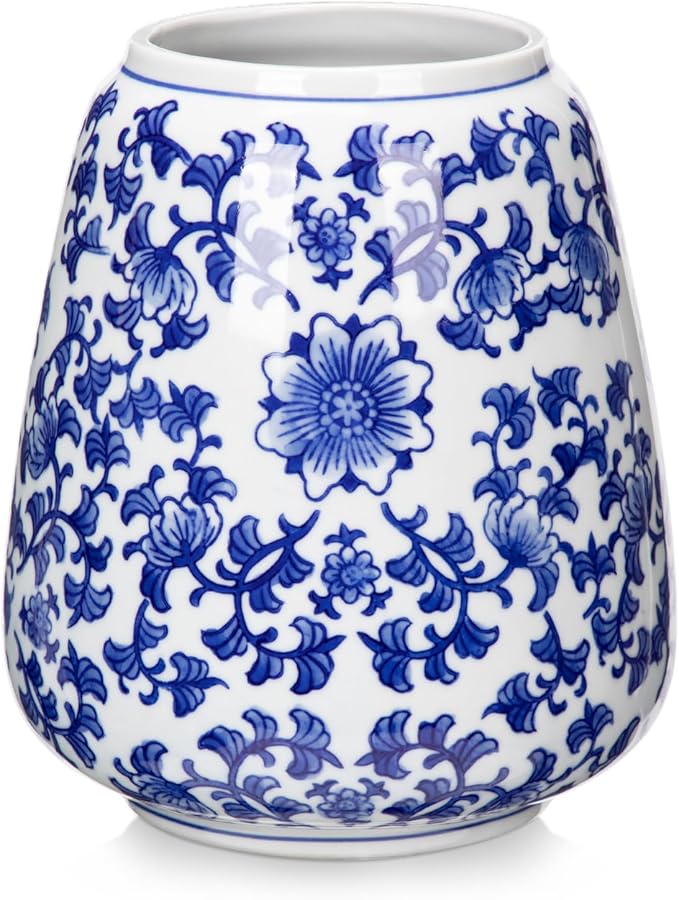 Hollyone Blue and White Porcelain Vase Chinoiserie Floral Vase Large Vintage Tall Blue Ceramic Vase for Home Mantle Shelf Living Room Table Centerpieces Decor, 7 Inch