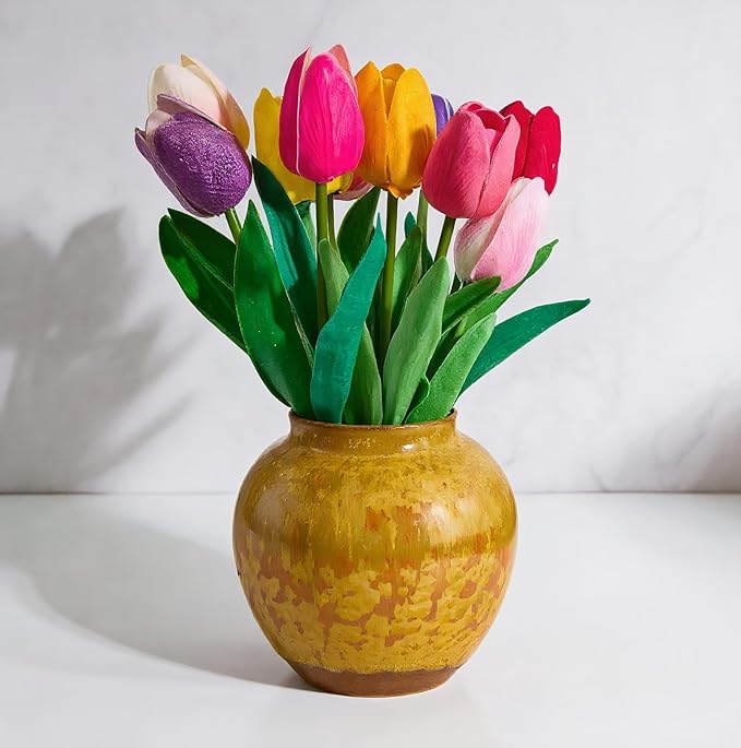 Rustic Pottery Ceramic Vase - Vintage Farmhouse Style Decor, White Grid Ceramic Vases for Home Decor, Modern Farmhouse Decor (Brown)