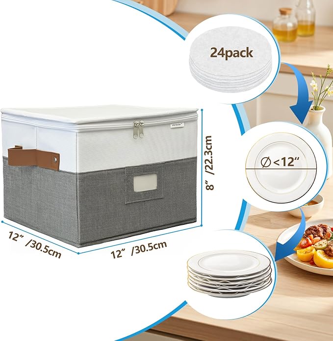 China Storage Containers,Quilted Dish Plate Storage with Stackable Lid for Dinnerware Kitchen Moving,2PACK 12 * 12 * 8in(Grey)