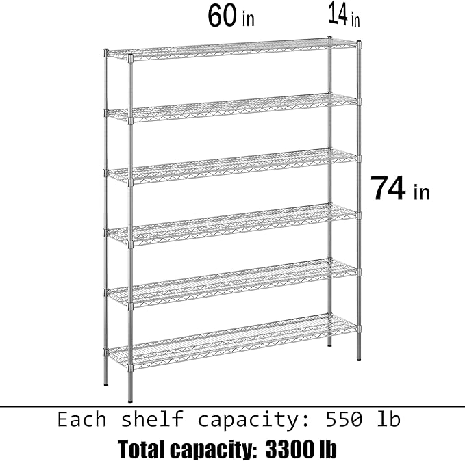 14" Deep x 60" Wide x 74" Height Wire Shelving Kit | 6-Tier | NSF Commercial Storage Rack Unit
