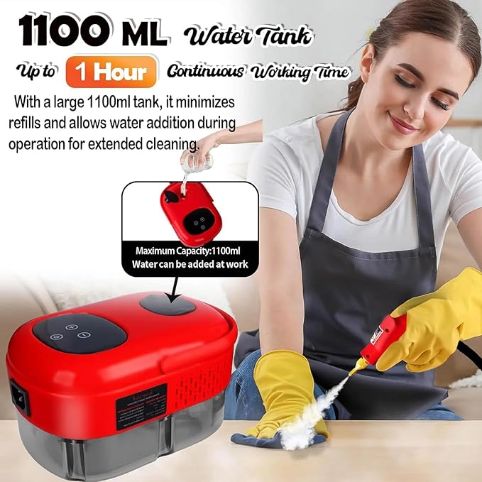Touchscreen Steam Cleaner 1100ML 2500W High Temperature Pressure Handheld Steam Cleaning Machine with Brush Heads and Gloves 7 in 1 for Car Floor Kitchen Bathroom Window Furniture (Red)