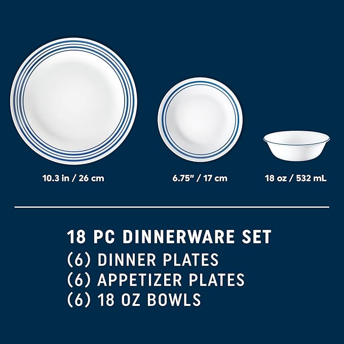 Corelle Vitrelle 18 Piece Glass Dinnerware Sets Service for 6, Triple Layer Chip & Crack Resistant Glass Plate and Bowl Sets, Laila